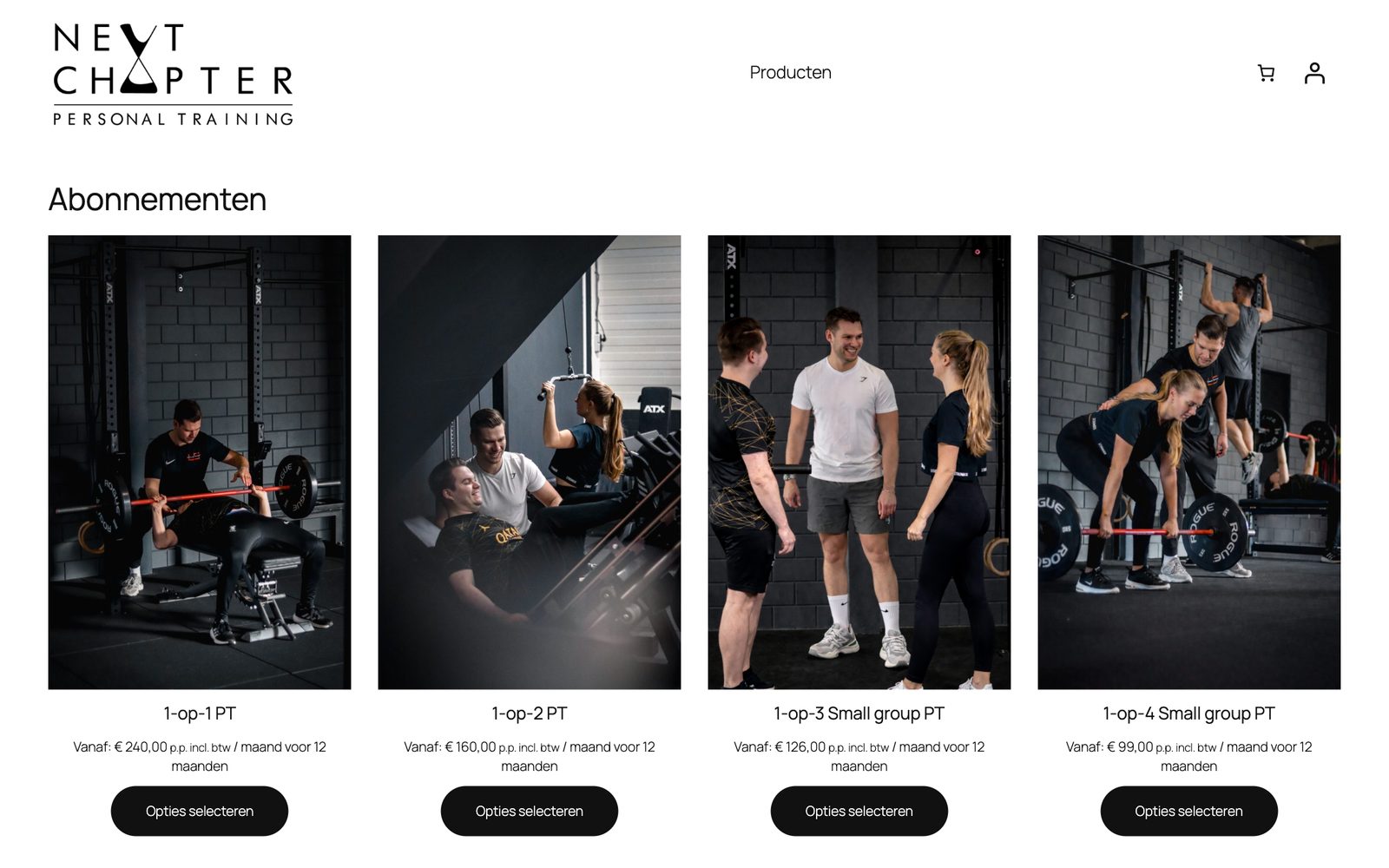 The webshop with the 1-on-1 PT, 1-on-2 PT, 1-on-3 and 1-on-4 small group PT subscriptions