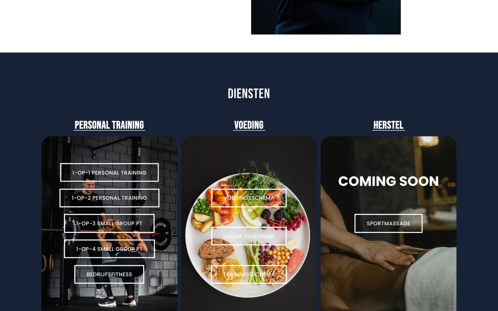 The services on the website: personal training, nutrition and recovery