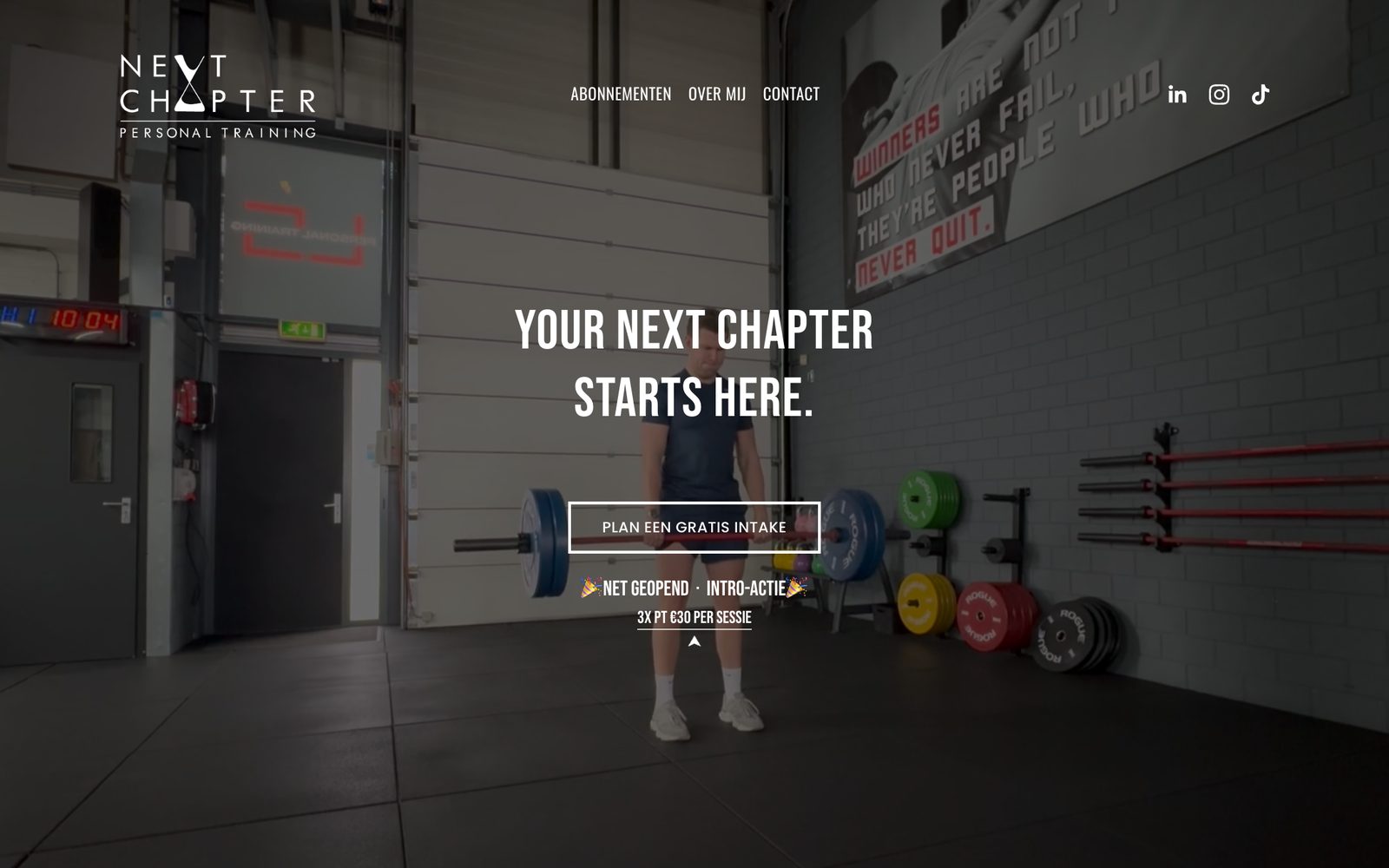 Website of Next Chapter Personal Training: Your Next Chapter Starts Here, with a button to plan a free intake